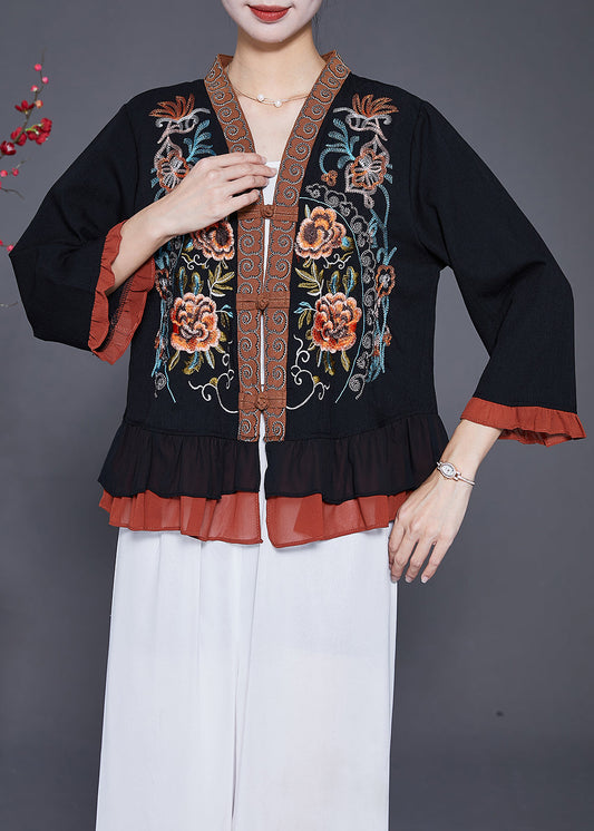 Black Embroideried Patchwork Ruffles Blouses Fall