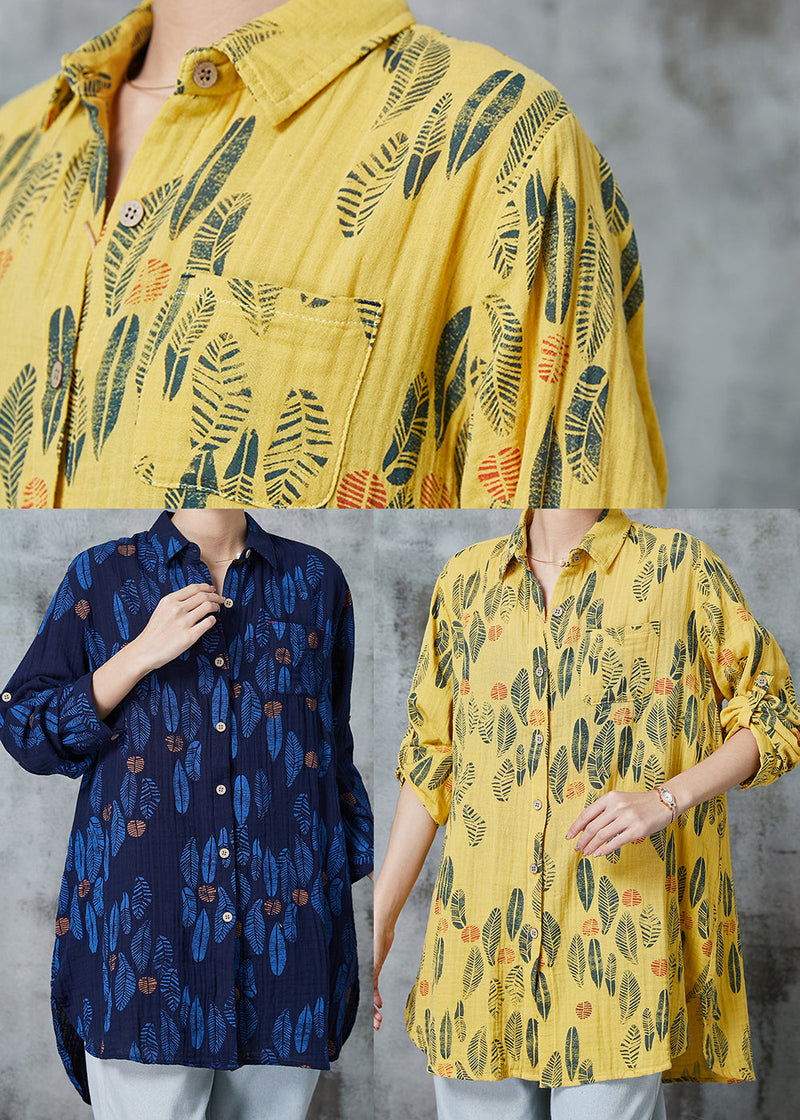 Navy Oversized Print Cotton Blouses Spring
