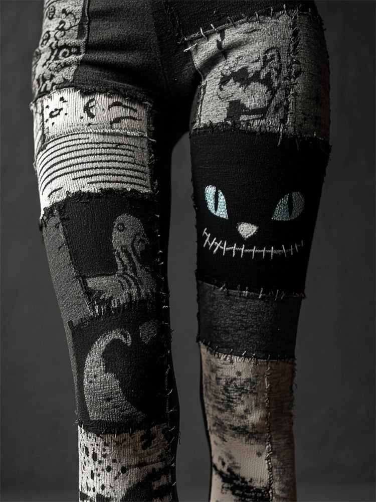 Comstylish Halloween Spooky Cat Face Patchwork Cozy Knit Leggings