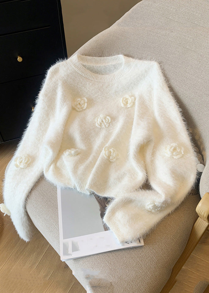 White O-neck Mink Hair Knitted Sweaters Winter