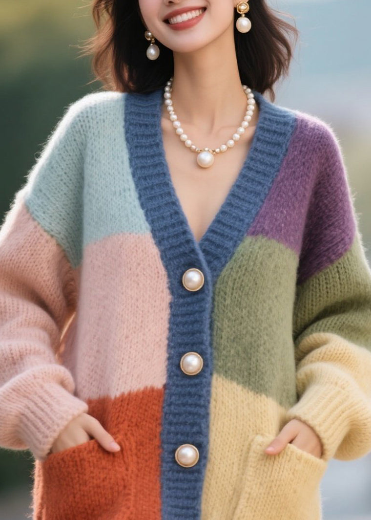 Colorblock Button Pockets Patchwork Knit Cardigan Fall