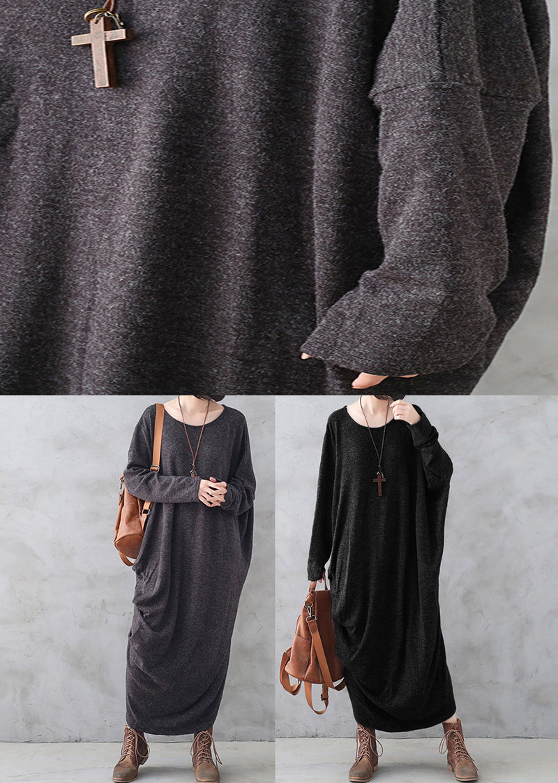 Dark Grey O-neck Asymmetrical Wool Knit Maxi Sweater Dress Fall