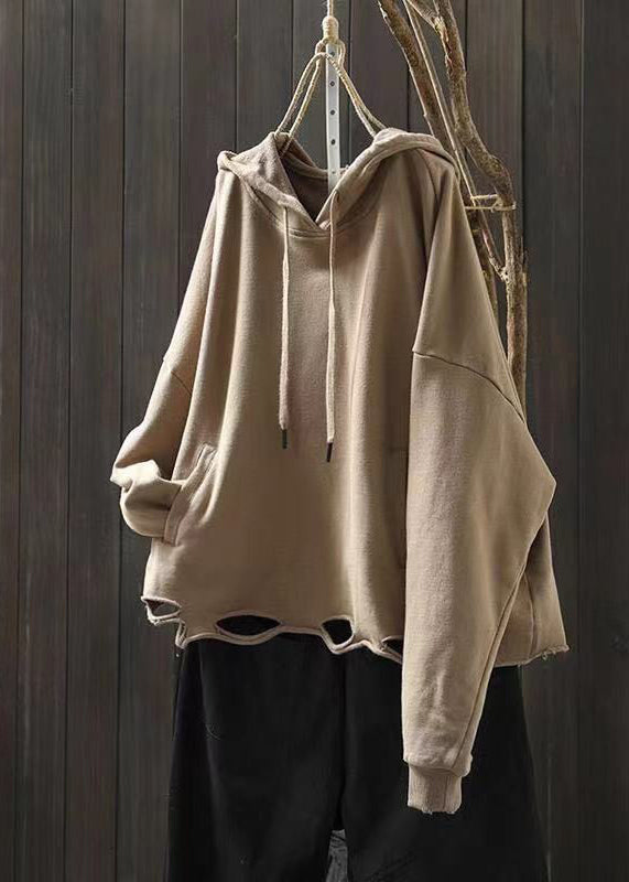 Light Khaki Pockets Cotton Hooded Sweatshirts Top Fall