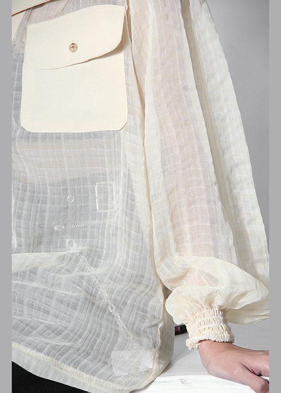 Art Beige Plaid Pockets Button Blouse Tops Summer