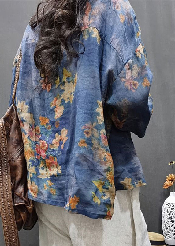 Blue Print Button Linen Top Long Sleeve