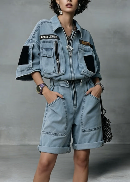 New Blue Zip Up Pockets Patchwork Denim Jumpsuit Summer