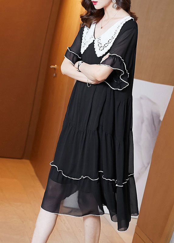 Black Peter Pan Collar Patchwork Chiffon Maxi Dresses Summer