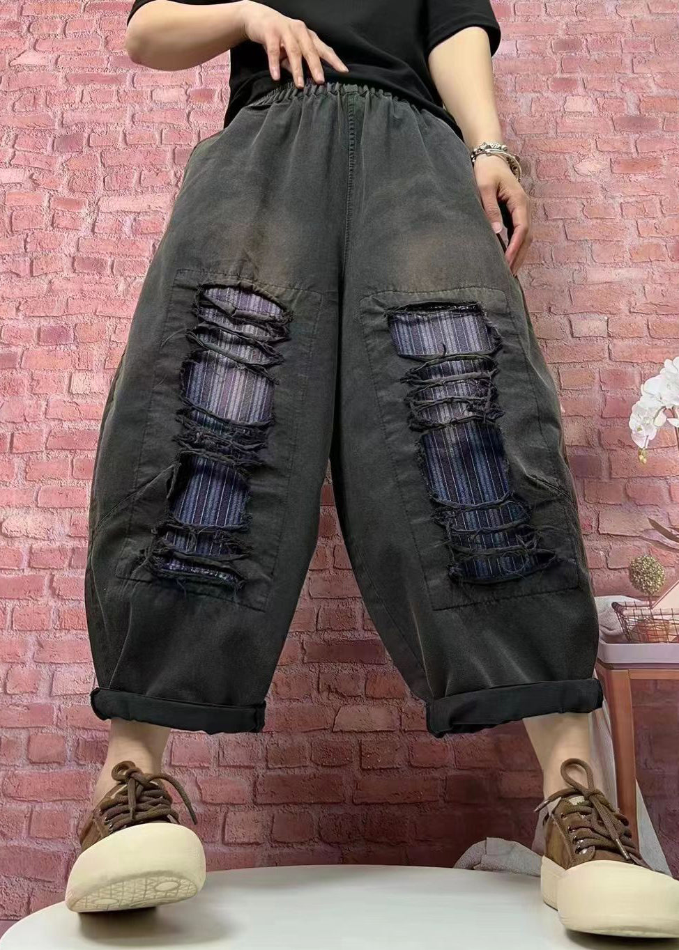 Rose Pockets Elastic Waist Ripped Denim Pants Spring
