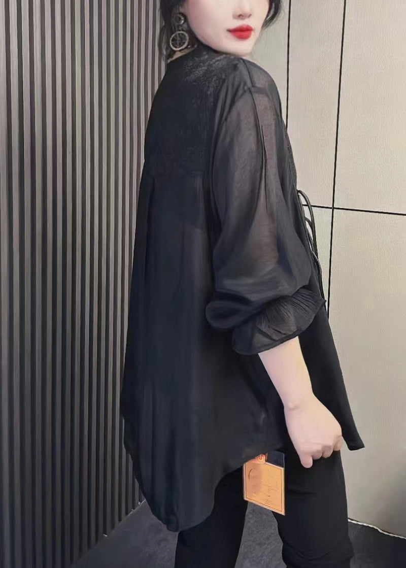 Black Tasseled Chinese Button Patchwork Chiffon Shirt Tops Fall