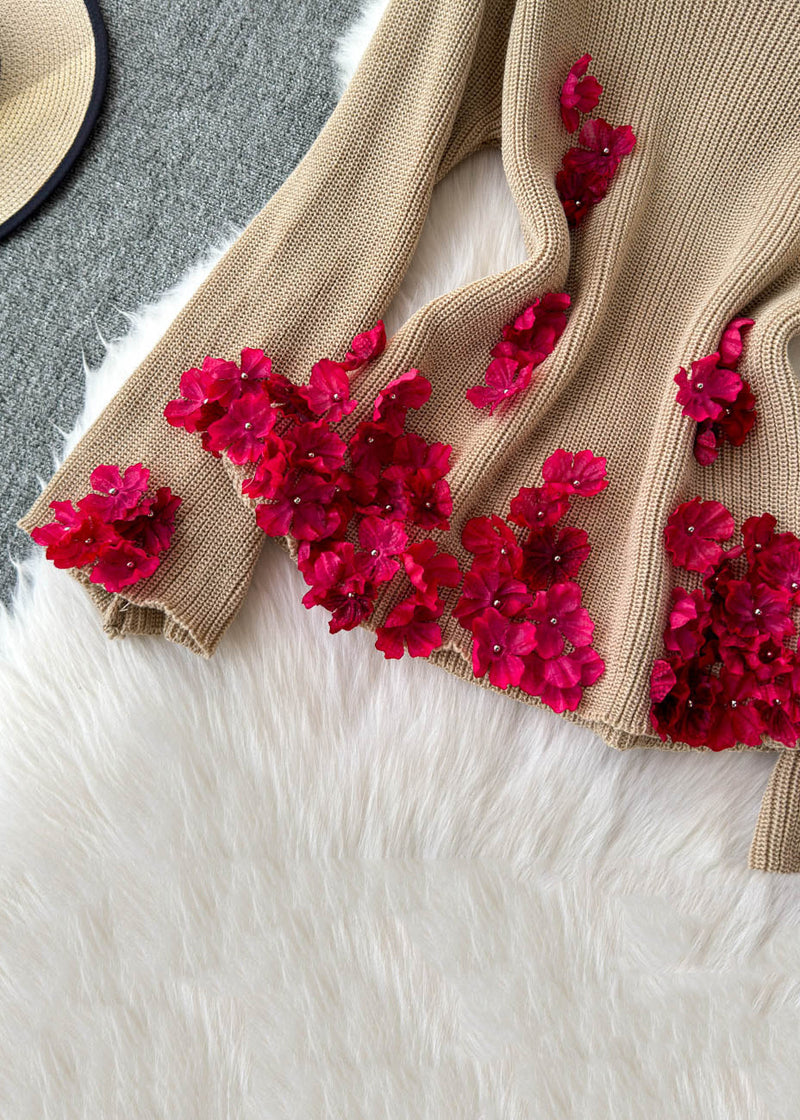 Loose Khaki Patchwork Knit Pullover Sweater Flare Sleeve