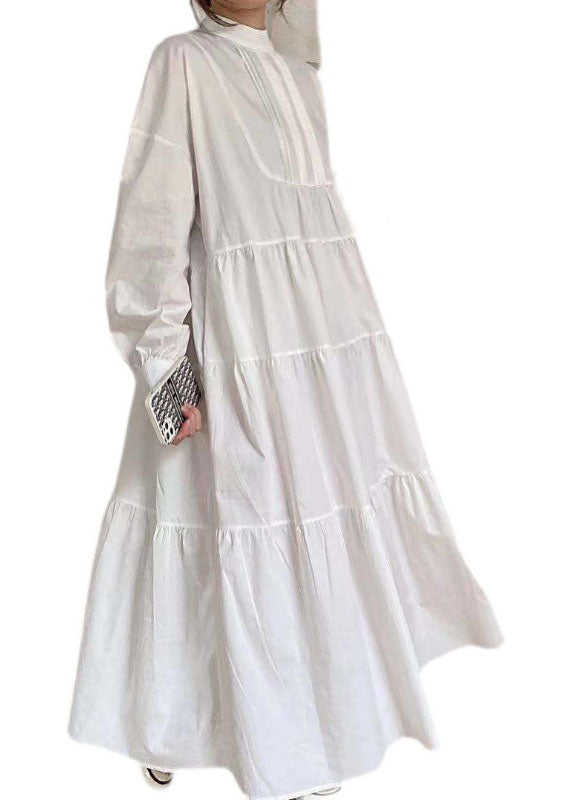 Khaki Hign Neck Patchwork Wrinkled Cotton Long Dress Spring