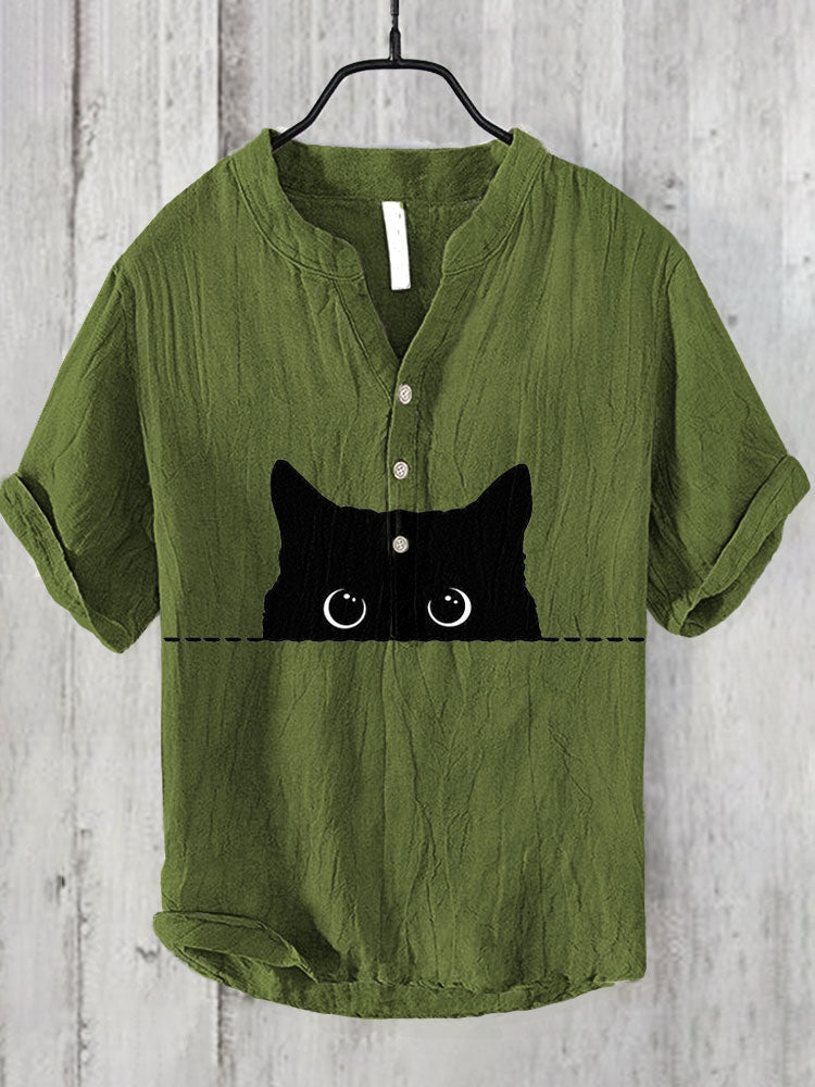 Japanese Art Black Cat Print Cotton Blend Shirt elevenforest