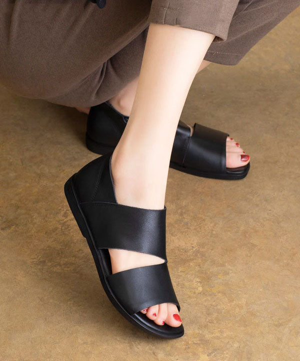 Hollow Out Sandals Black Cowhide Leather