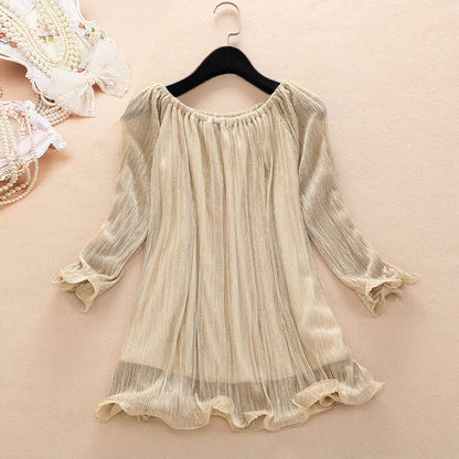 French Golden O-neck Chiffon Shirts Spring Summer