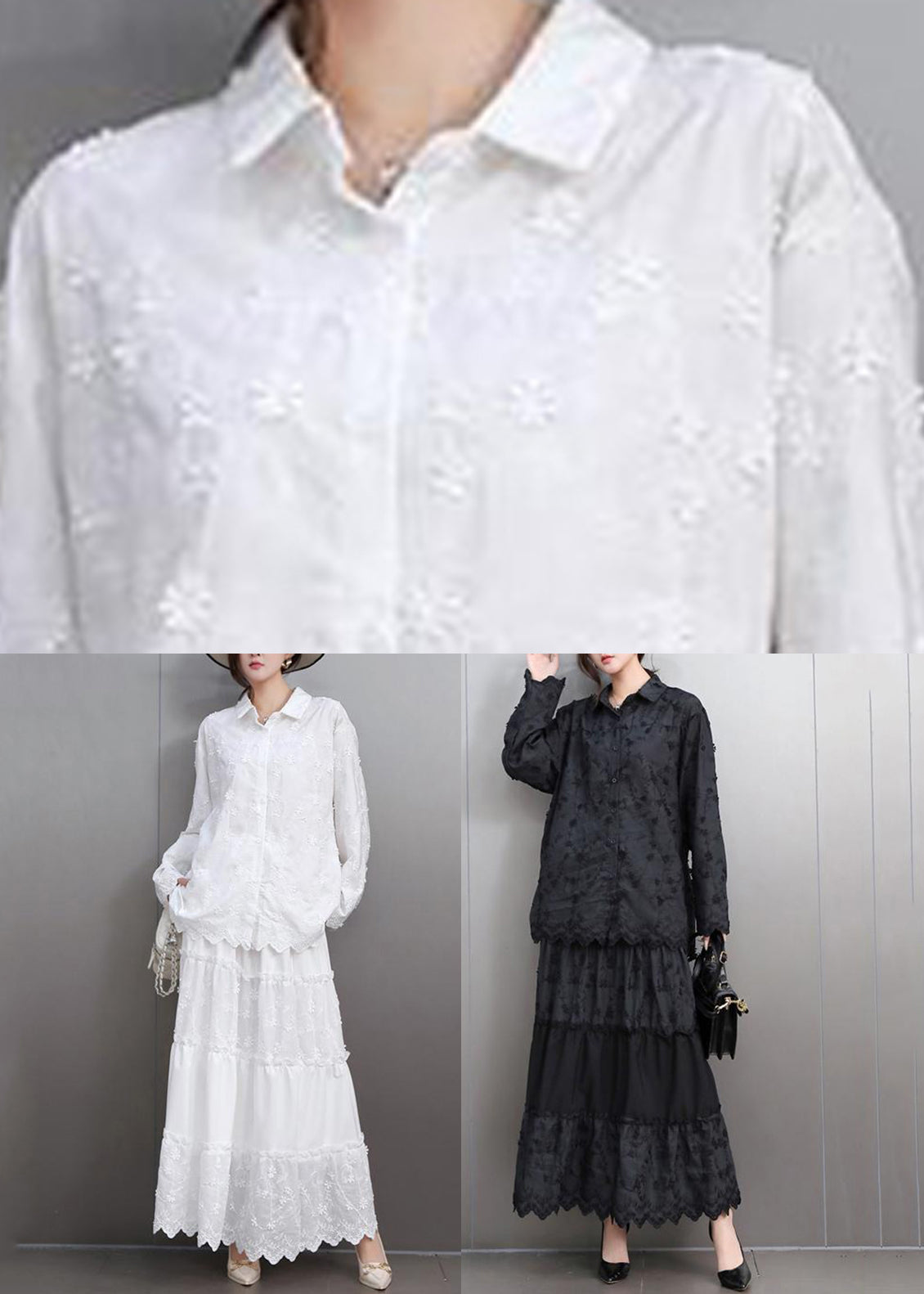 Black Lace Top and Maxi Skirts Two Pieces Set Peter Pan Collar Fall