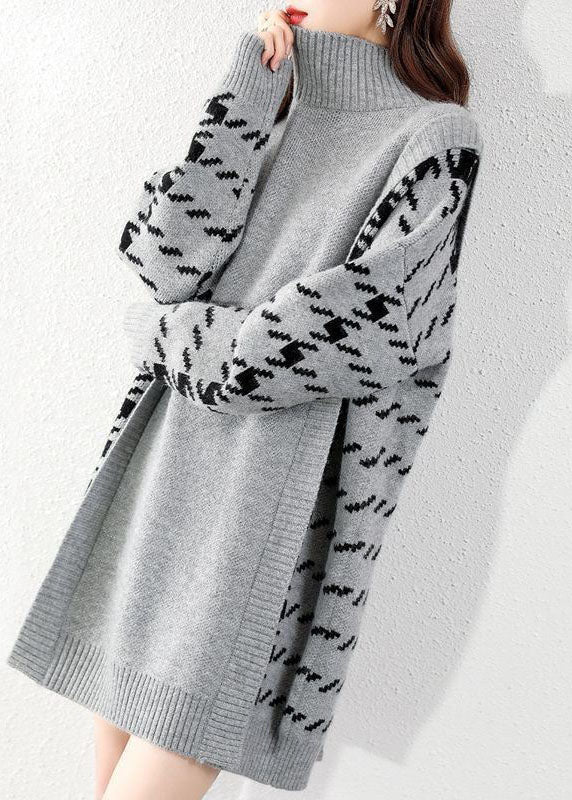 Black O-neck Patchwork Knit Sweater Dress Winter