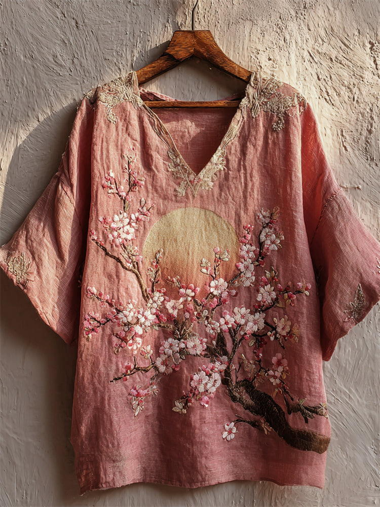 Comstylish Japanese Cherry Blossom Full Moon Embroidered Linen Tunic