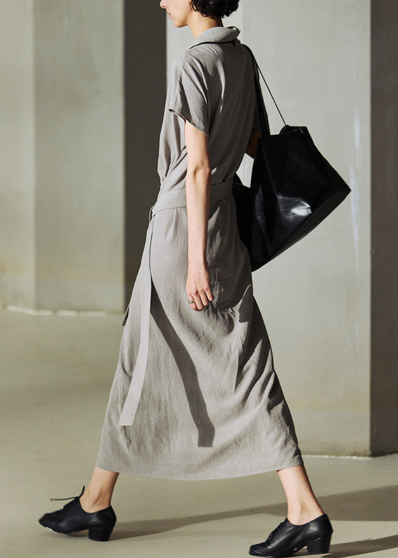 Grey Turtle Neck Lace Up Patchwork Cotton Long Dress Summer