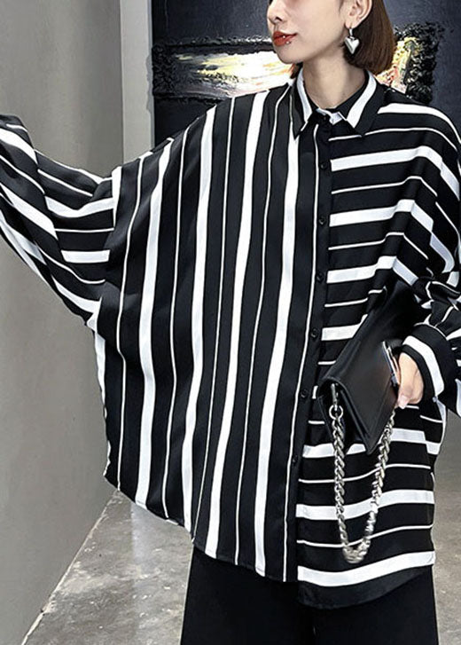 Unique Black White Striped Asymmetrical Design Fall Blouses Long Sleeve
