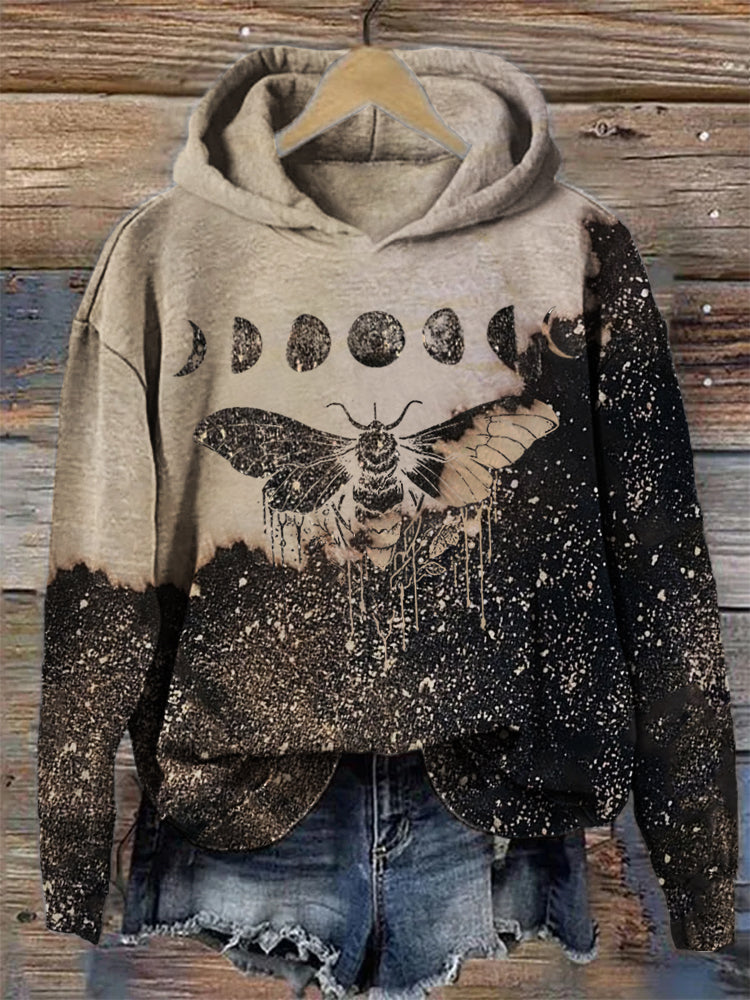 Comstylish Moth Moon Phase Mystical Contrast Bleached Hoodie
