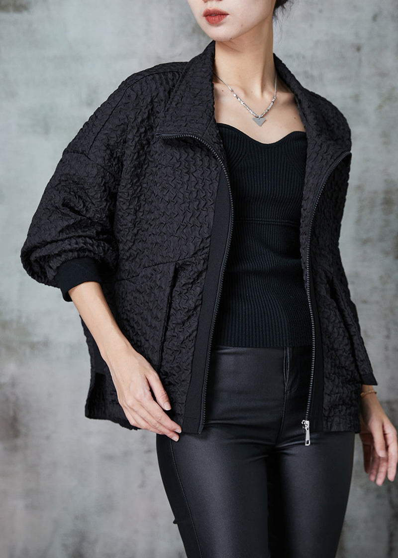Black Zip Up Wrinkled Cotton Coat Outwear Spring