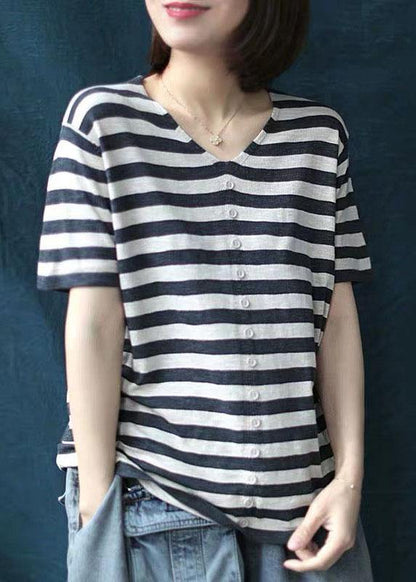 Black White Striped V Neck Button Top Summer