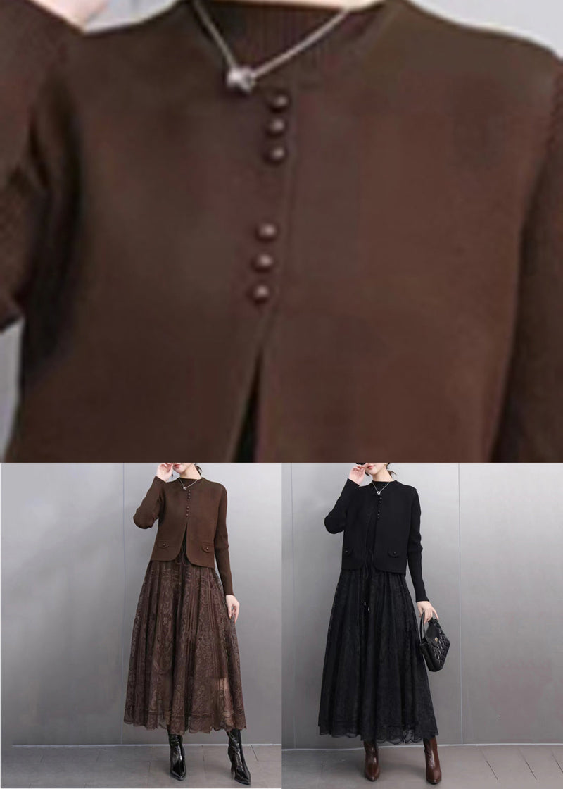 Coffee O-neck Waistcoat and Lace Maxi Skirts Two Pieces Set Spring