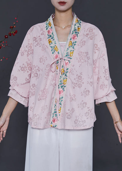 Pink Embroidered Lace Up Silk Cardigans Spring