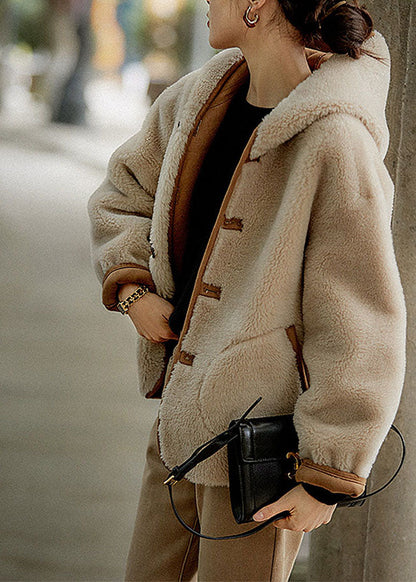 Light Camel Patchwork Button Hooded Faux Fur Coats Long Sleeve