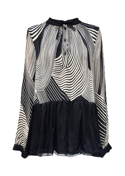 Black Stand Collar Patchwork Striped Button Chiffon Shirts Long Sleeve