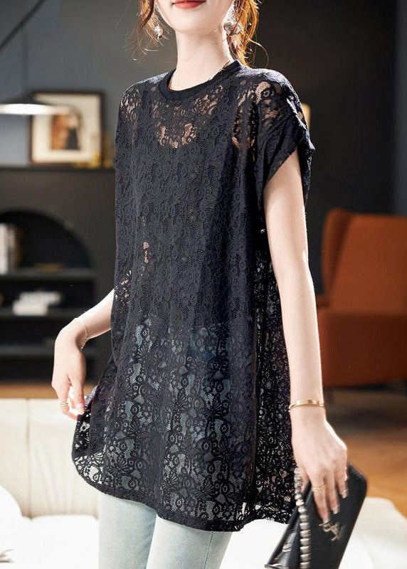 Black O Neck Hollow Out Lace Top Summer