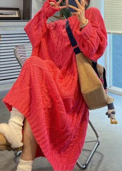 Green O-neck Cozy Cable Cotton Knit Sweaters Dress Fall