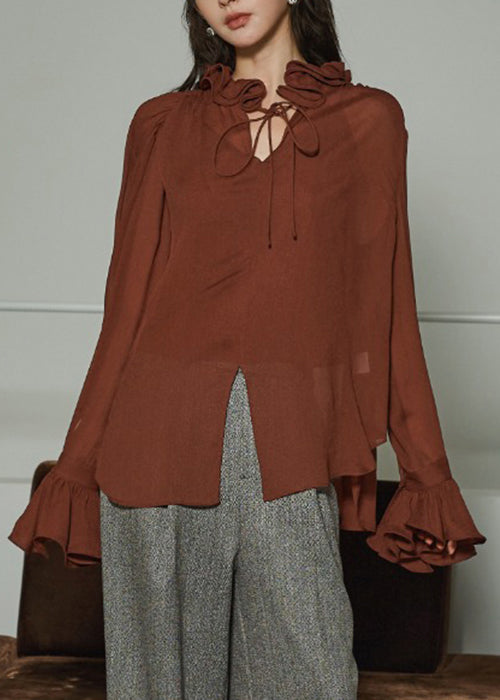 Coffee Ruffled Lace Up Silk Cotton Shirts Fall