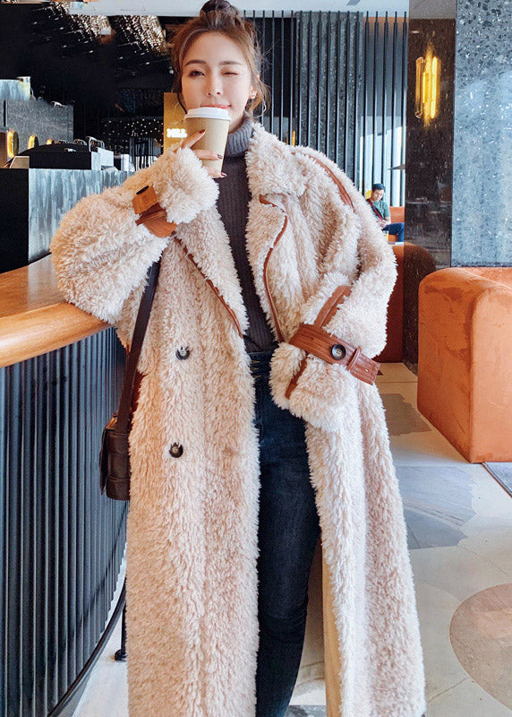 Apricot Notched Patchwork Button Thick Tie Waist Faux Fur Long Parka Coats Winter