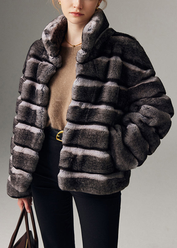 Italian Striped Stand Collar Pockets Leather and Fur Coat Winter