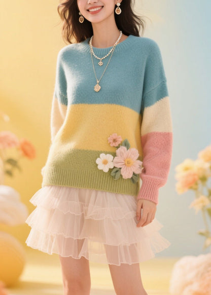 Colorblock O Neck Patchwork Knit Pullover Fall