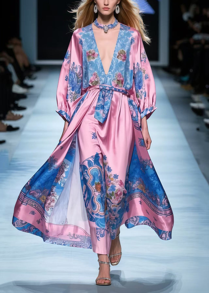 Rose V Neck Print Silk Maxi Dresses Spring