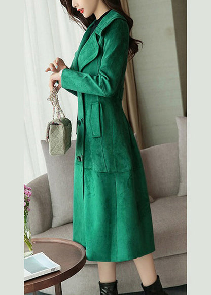 Blackish Green Double Breast Pockets Patchwork Faux Suede Long Coat Fall