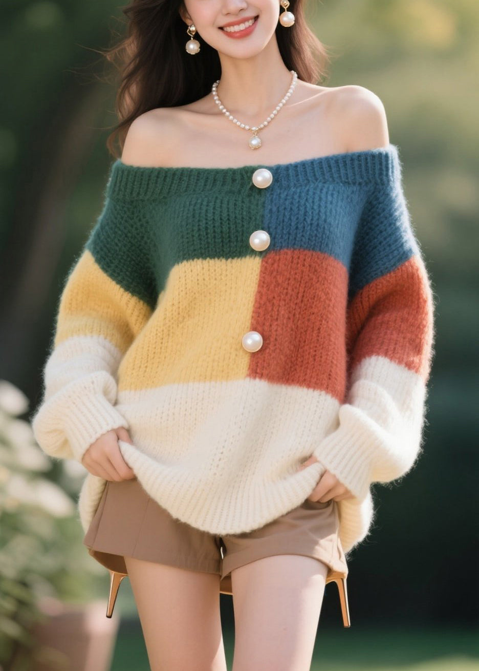 Colorblock Nail Bead Knit Sweater Tops Fall