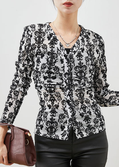 Black Jacquard Silm Fit Cotton Blouses Spring