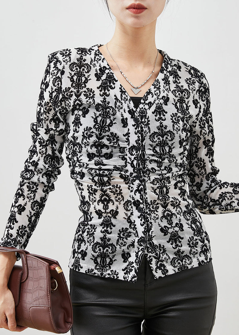 Black Jacquard Silm Fit Cotton Blouses Spring