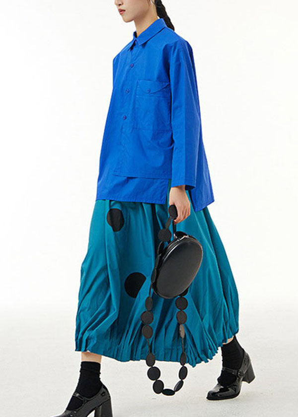 Blue Asymmetrical Design Patchwork Cotton Shirts Top Long Sleeve
