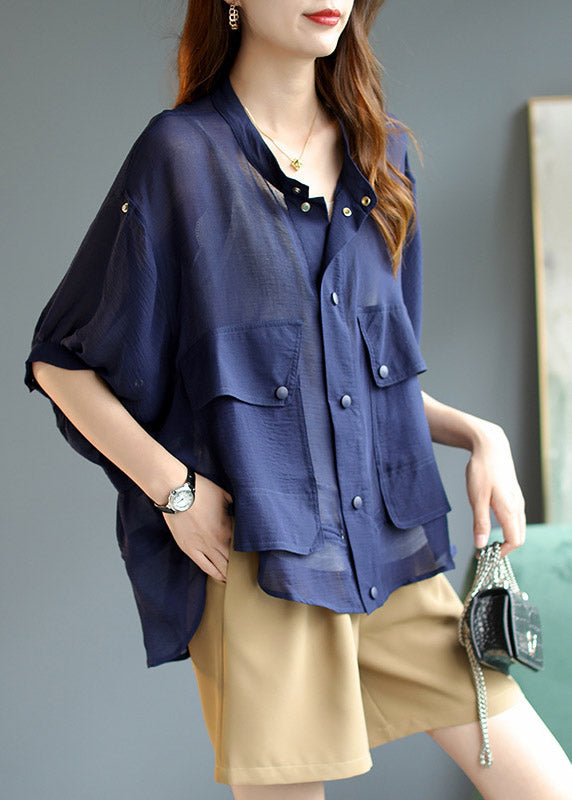 Blue Stand Collar Pockets Button Chiffon Upf 50+ Coats Lantern Sleeve