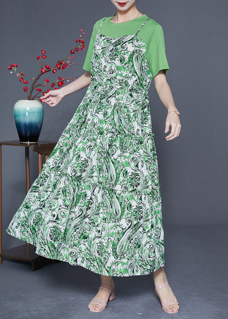 Green O-neck Patchwork Exra Large Hem Chiffon Fake Two Piece Dresses Summer