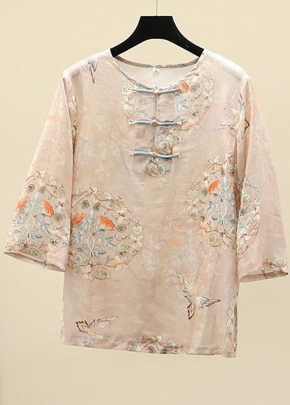 Apricot O-neck Print Oriental Button Side Open Linen Tops Half Sleeve