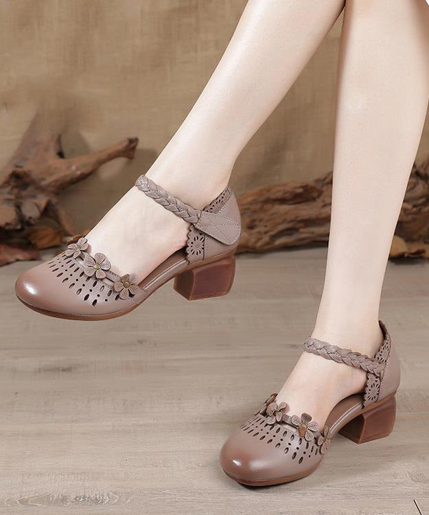 Apricot Cowhide Leather Sandals Hollow Out Buckle Strap