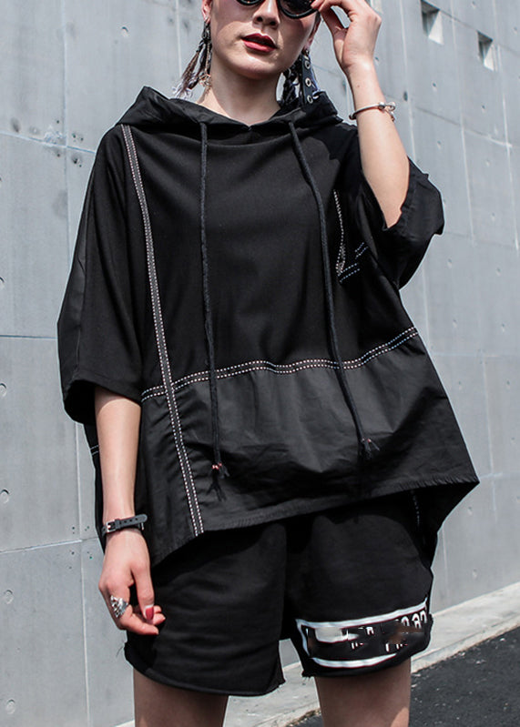 Classy Black O-neck Patchwork Drawstring Hooded Coats Half Sleeve