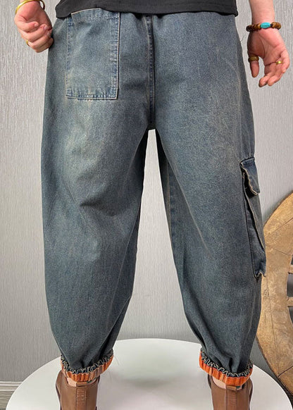 French Blue Patchwork Denim Pants Spring