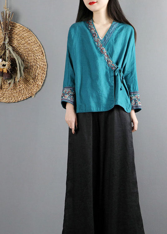 Blue Cinched Embroideried Tops Spring