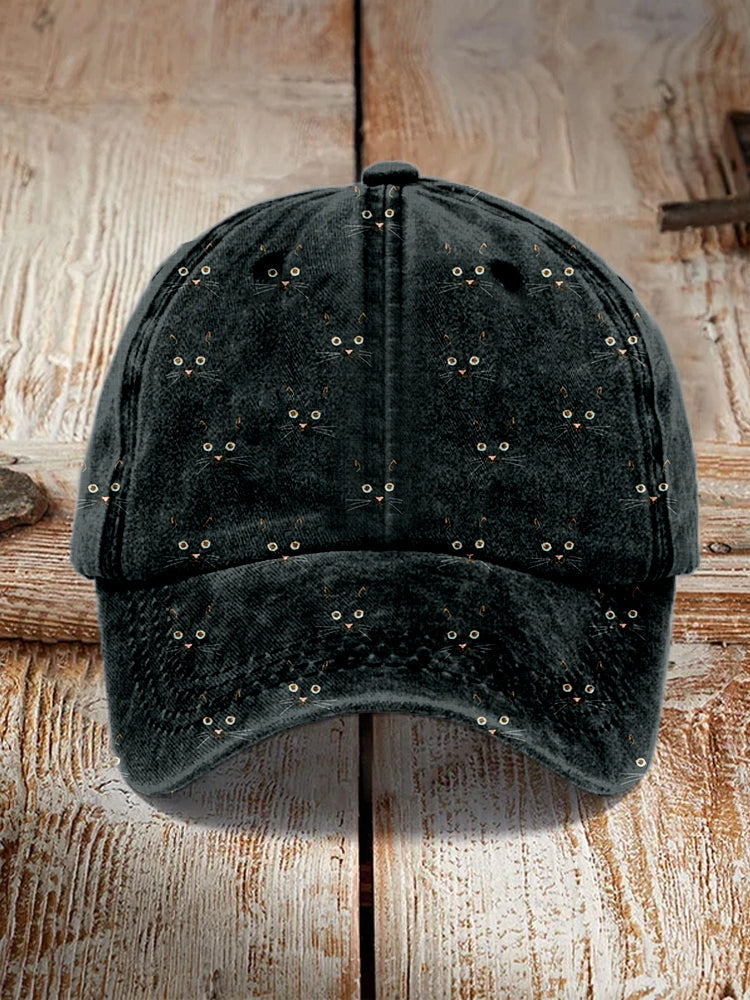 Cute Cat Face Pattern Vintage Washed Cap elevenforest